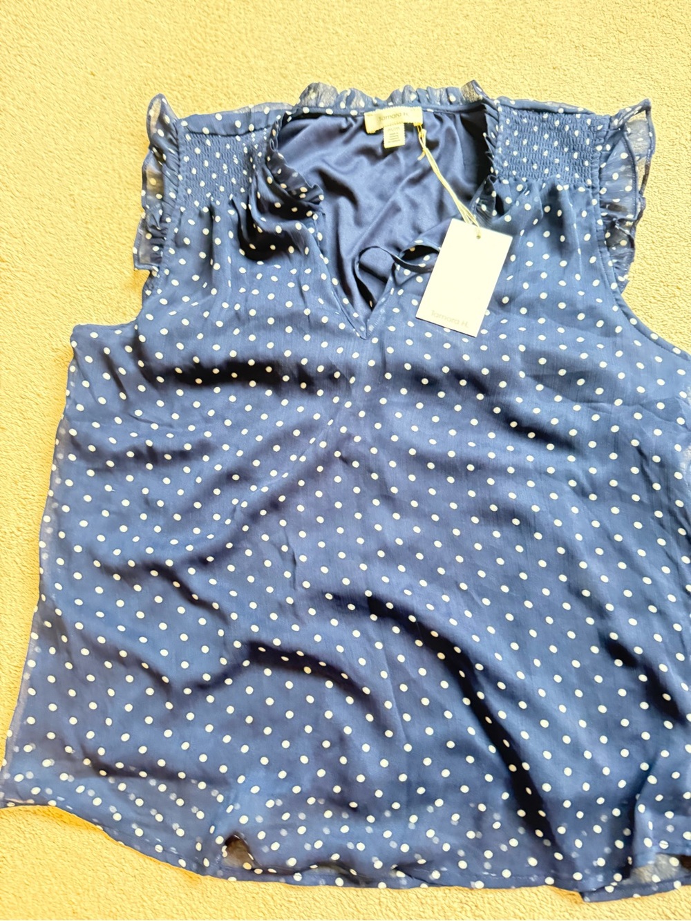 Sleeveless Navy Polka Dot Blouse with Smocked Ruffle Shoulders